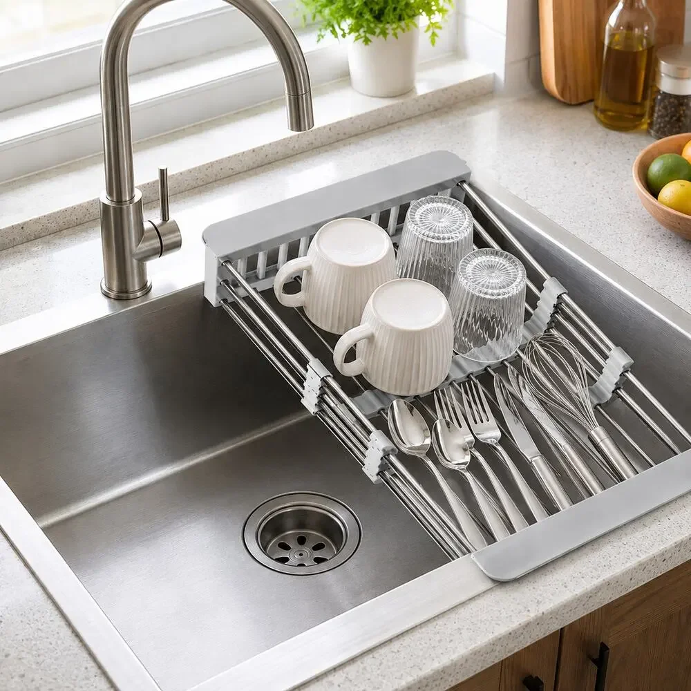 Cheer Collection Stainless Steel Adjustable Over Sink Dish Drying Drain Rack